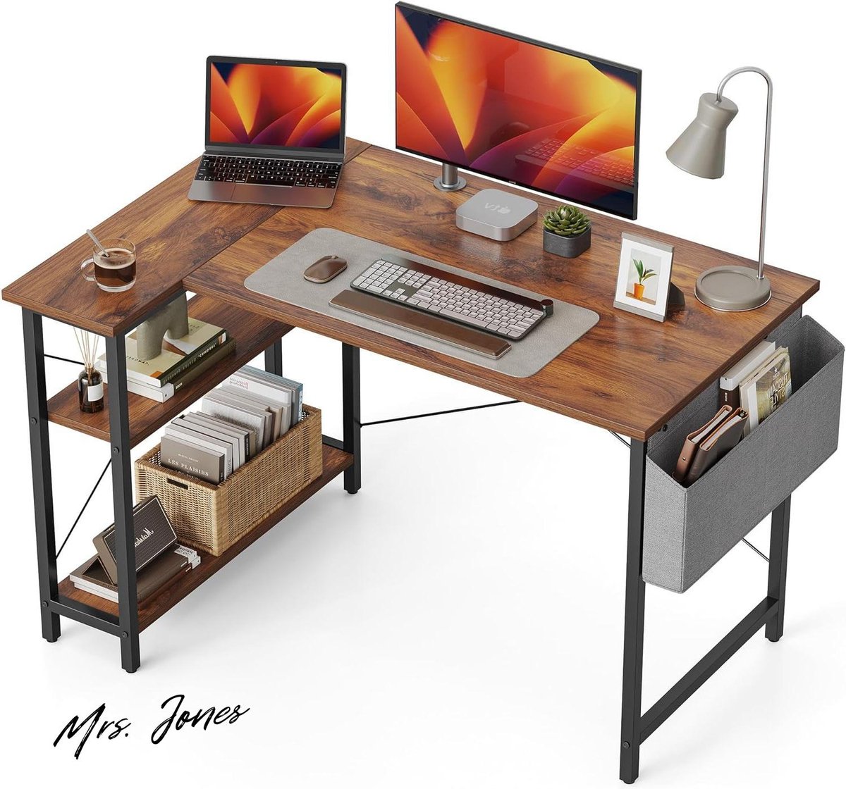 Mrs. Jones 47 Inch Kleine L-vormige Computer Bureau met Opslag Planken Thuiskantoor Hoek Bureau Studie Schrijftafel Diepbruin met Gratis Verzending .