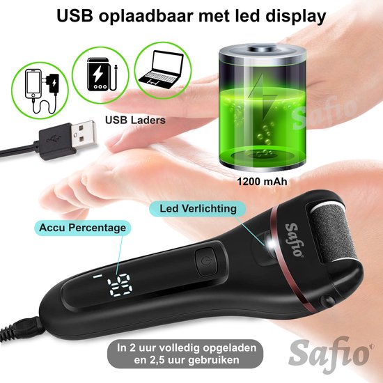 USB oplaadbare elektrische eeltverwijderaar met LED-display, 1200 mAh batterij en USB-opladers.