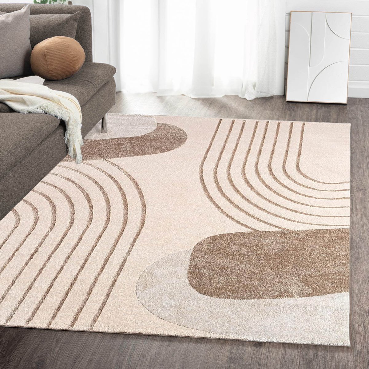 Flycarpets Evora Japandi Vloerkleed Beige / Crème – Laagpolig Tapijt Woonkamer – 160x230 cm