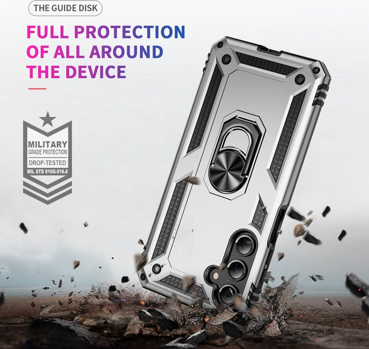 Mobigear Hoesje geschikt voor Samsung Galaxy A16 Telefoonhoesje Hardcase | Mobigear Armor ring Backcover Shockproof met Ringhouder | Schokbestendig Galaxy A16 Telefoonhoesje | Anti Shock Proof - Zilver