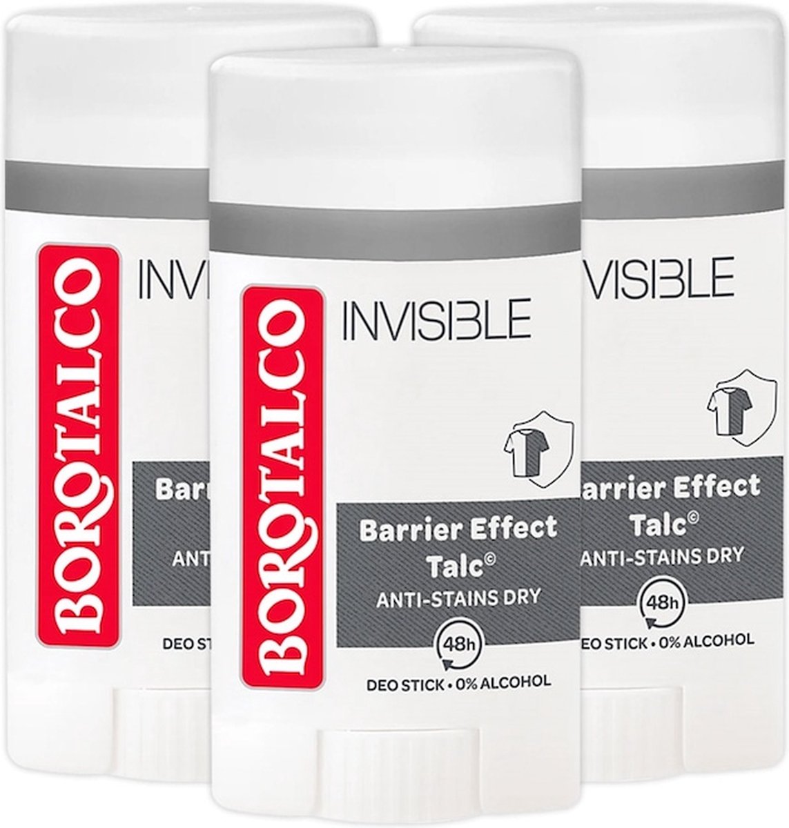 Goedkoopste Borotalco Invisible Deodorant Stick - 3x 40 ml - 48 Uur Effectieve Bescherming Zonder Vlekken - Alcoholvrij Deodorant met Klassieke Geur