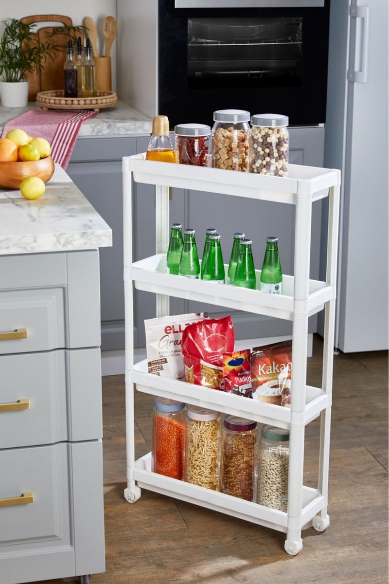 Tobeyz - Slim Opbergtrolley - Wit Keukentrolley op Wieltjes - Keukentrolley - Badkamer trolley - Opbergrek 4 Laags - Met gratis microvezeldoekje