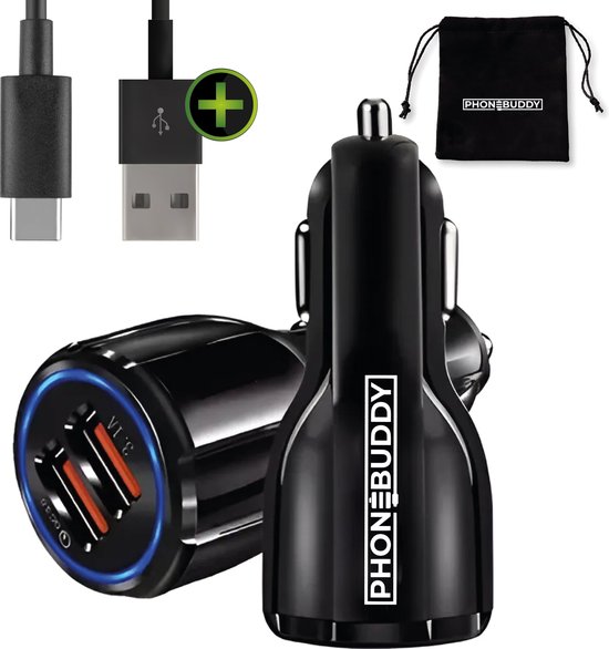 Phonebuddy 36W Snellader - Autolader - Auto oplader - telefoonlader - 2 USB Poorten - QC 3.1 12/24V - oplaad kabel - USB naar USBc