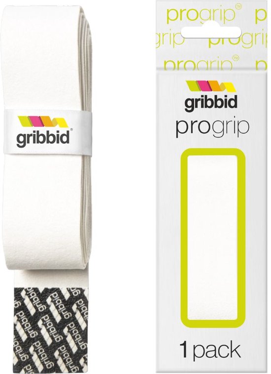 Een rol wit Gribbid Progrip hockeystickgrip met verpakking.