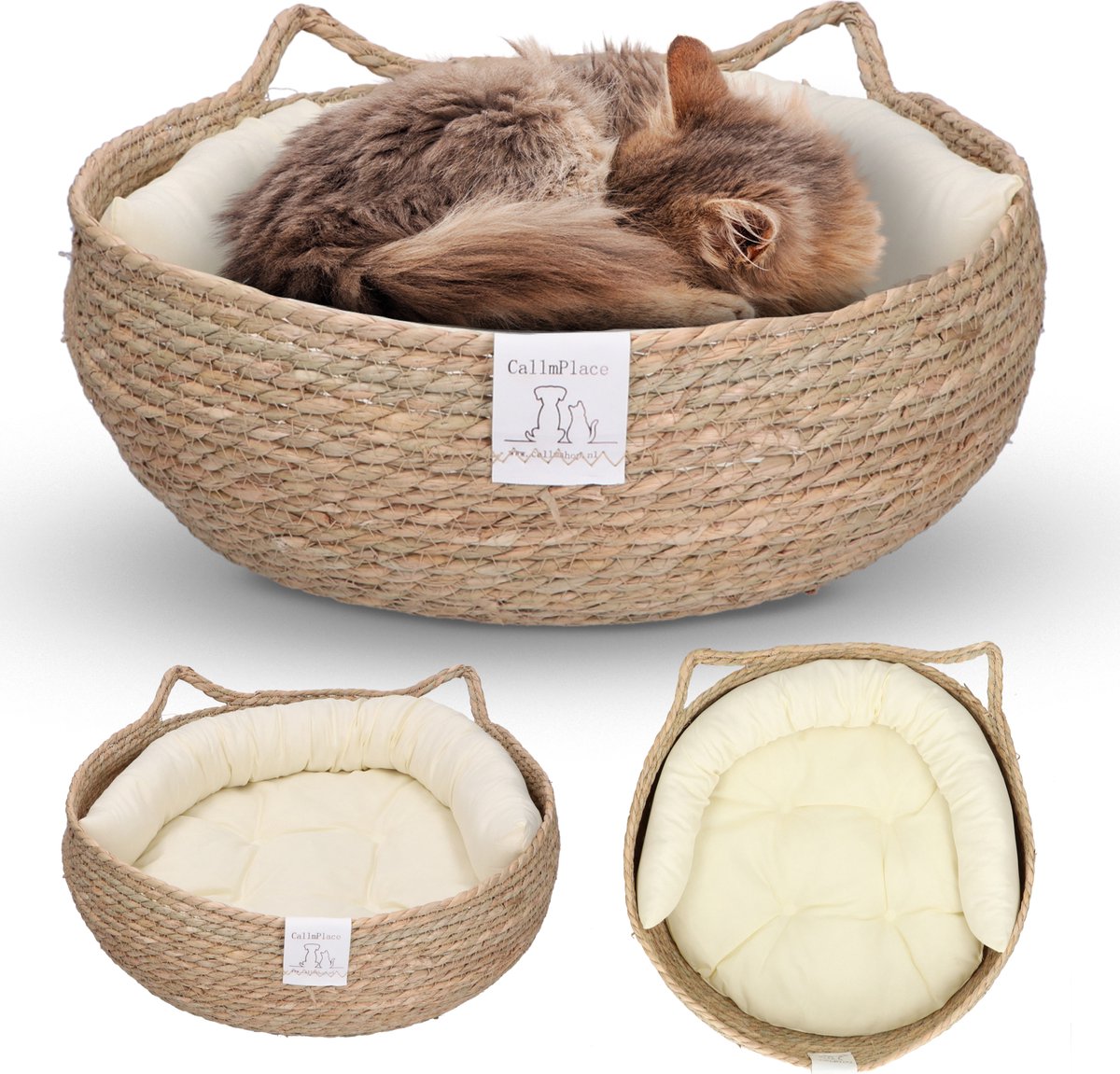 Bol.com Rotan Kattenmand met Zacht Kussen – Comfortabel & Duurzaam – Voor Kat of Kleine Hond - Zacht Wit Kussen - 48x48 cm - Cos... aanbieding