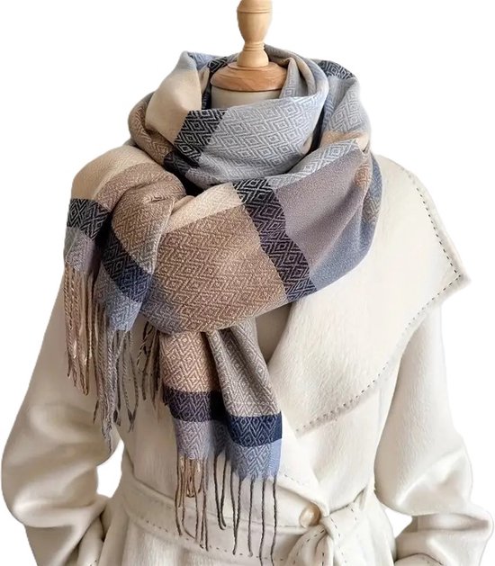 DEETJE - Wintersjaal - Dames Sjaal - Winter Fashion - Sjaal Dames - Herfst Sjaal - Shawl - Omslagdoek - Geruit - Blauw- Bruin - 180 * 65 cm