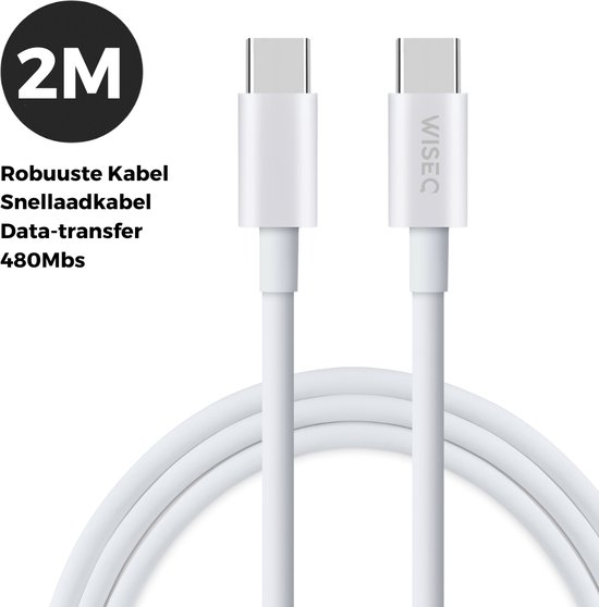 Twee witte USB-C naar USB-C kabels met een "2M Robuuste Kabel Snellaadkabel Data-transfer 480Mbs" tekst.