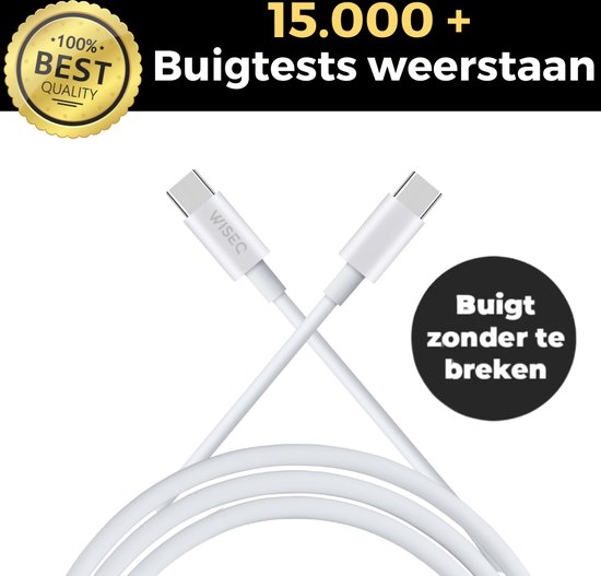 Twee witte USB-C kabels gekruist, met een "100% BEST QUALITY" medaille en de tekst "15.000+ Buigtests weerstaan".