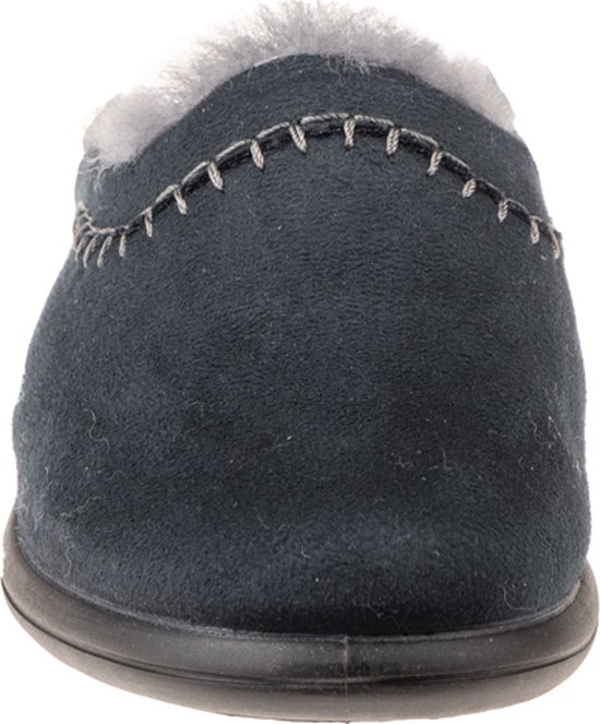 Vue de face d'une mule pantoufle bleu foncé avec doublure en fourrure grise et coutures décoratives.
