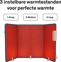 Grijze opvouwbare infrarood kachel met rode binnenkant en instelbare warmtestanden 1-Hoog, 2-Medium, 3-Laag.