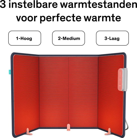 Grijze opvouwbare infrarood kachel met rode binnenkant en instelbare warmtestanden 1-Hoog, 2-Medium, 3-Laag.