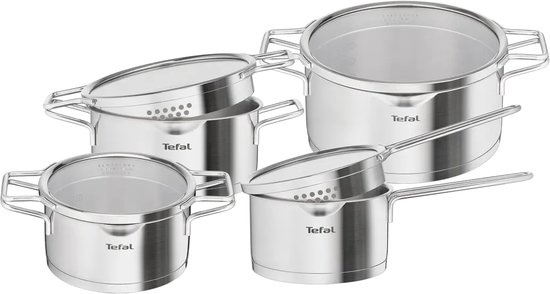 Tefal Nordica Pannenset 8-delig - RVS - Gemakkelijk kookvocht afgieten - Geschikt voor alle warmtebronnen - Inclusief deksels