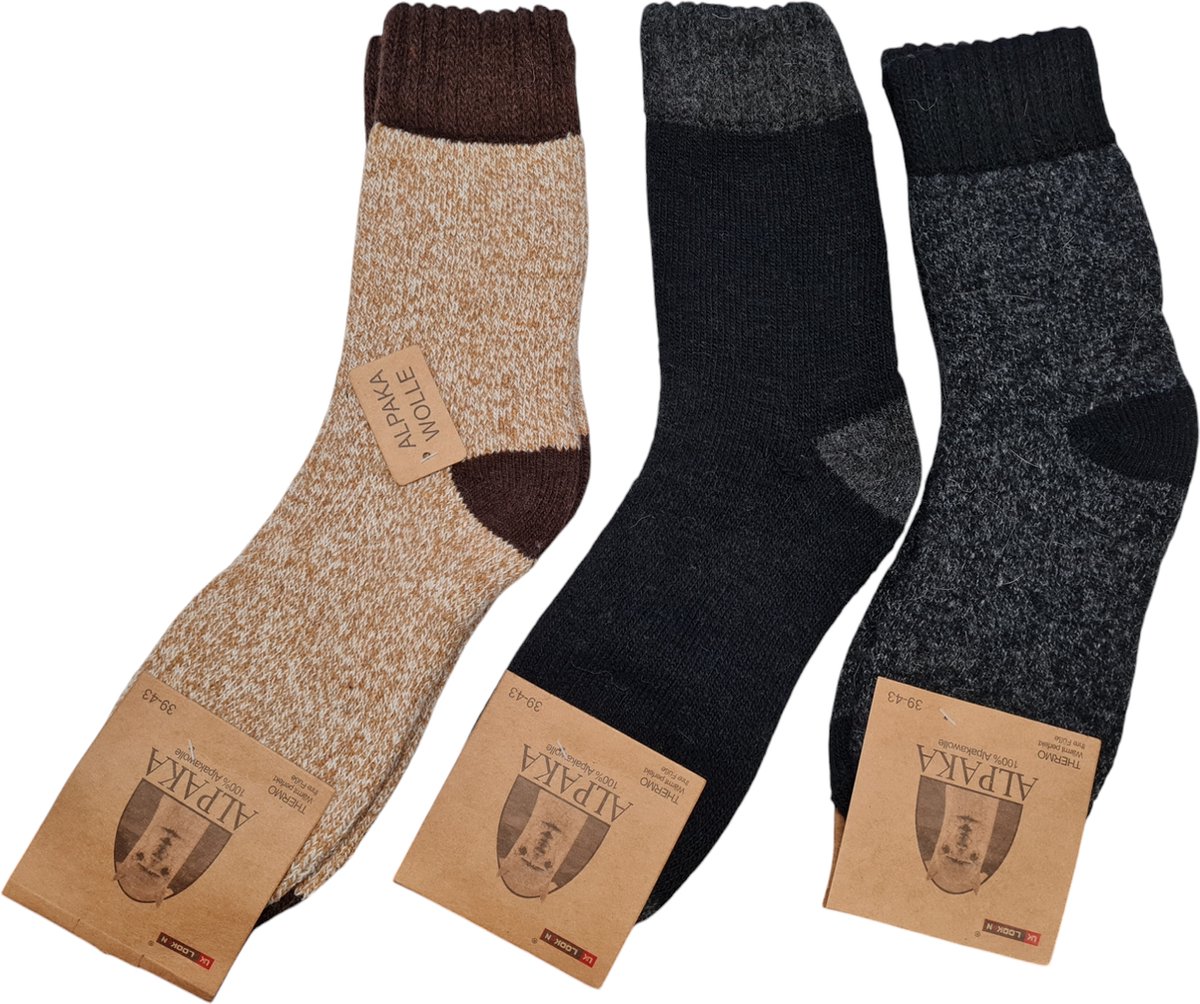 Alpaca Wollen Sokken- Huissokken - Wintersokken - Thermosokken - 3Pack – Bruin Zwart DGrijs - 39-43