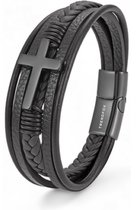 Armband Heren - Zwart Leer met Zwart Kruis - 21cm - Leren Armbanden - Schoencadeautjes Sinterklaas Jongen - Cadeaus Mannen