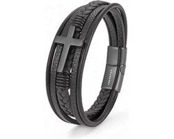 Armband Heren - Zwart Leer met Zwart Kruis - 21cm - Leren Armbanden - Vaderdag Cadeau Geschenk - Mannen Cadeautjes Accesoires