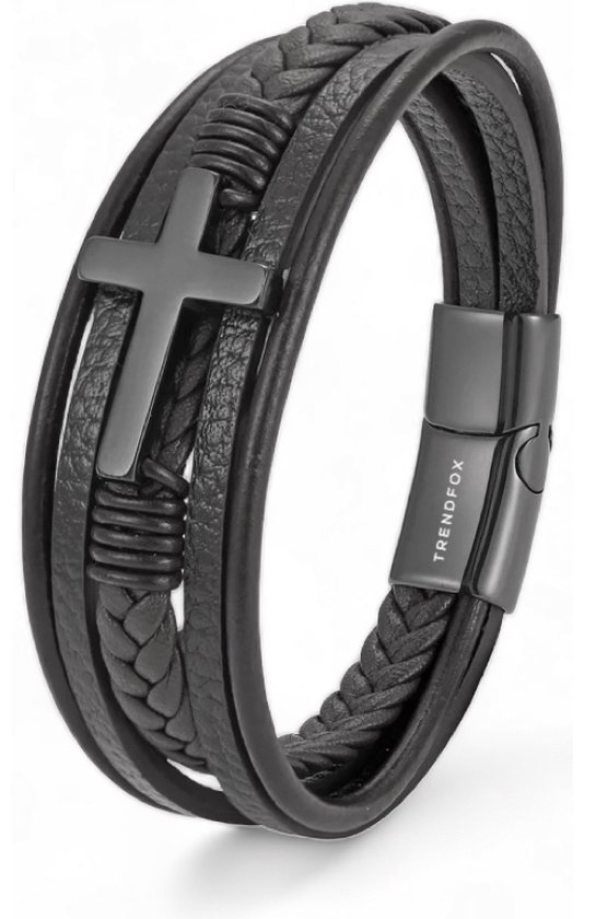 Armband Heren - Zwart Leer met Zwart Kruis - 21cm - Leren Armbanden - Vaderdag Cadeau Geschenk - Mannen Cadeautjes Accesoires