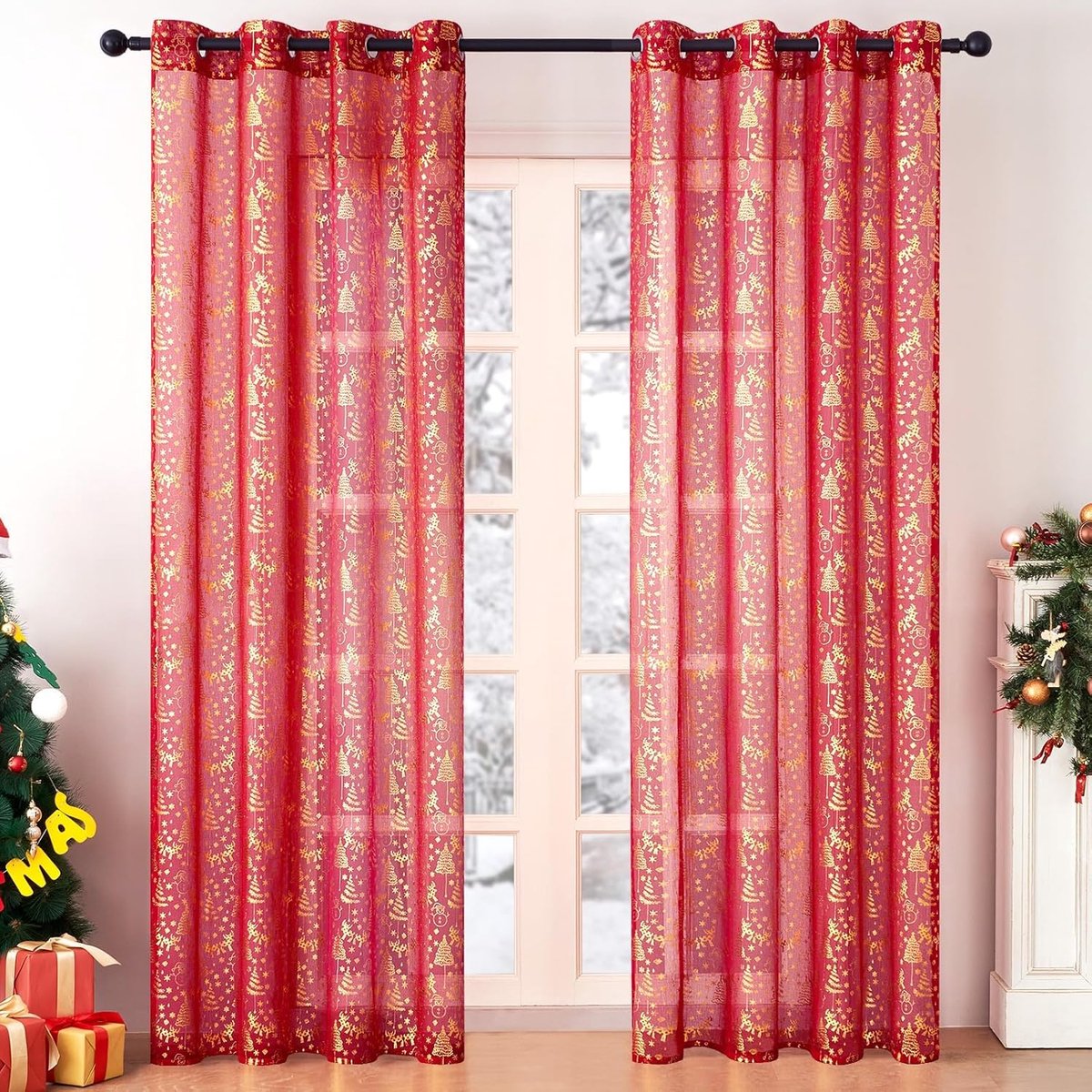 PolkaHome Modern gordijn met ringen, kerstgordijnen, woonkamer, rood, semi-verduisteringsgordijn met gouden sneeuwpoppatroon, 2 stuks, 140 x 300 cm