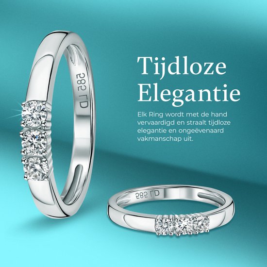 Twee ringen van witgoud, elk met drie diamanten. De ringen liggen op een turkooizen achtergrond.