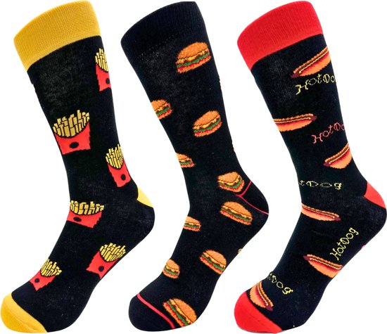 Foto: Fast food sokken set 3 paar sokken met hamburgers friet patat hotdogs maat 36 40 grappig sokken met eten