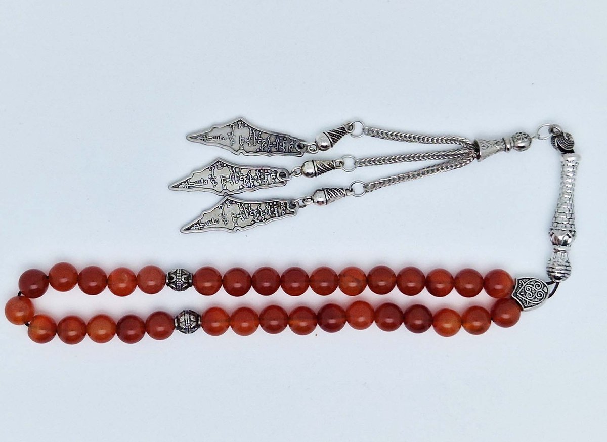 Handgemaakte tesbih klassiek - "Tasbih" natuursteen " Rood Agaat" - Aantal kralen 33 - Diameter kralen 8 MM - met metaal tassel "Palestina" - Een mooi cadeau-idee