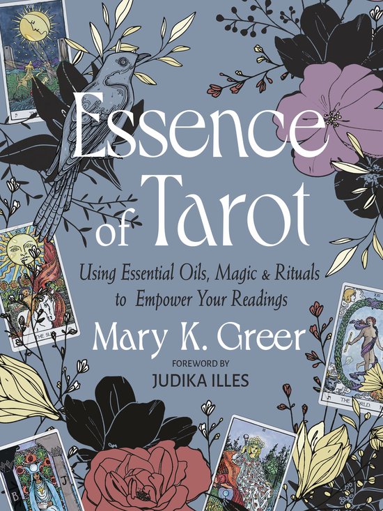 Boekkaft "Essence of Tarot" met tarotkaarten, bloemen en een vogel