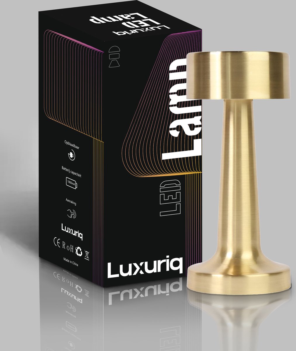 Luxuriq® Tafellamp Oplaadbaar - Tafellamp Slaapkamer Industrieel - Decoratieve tafellampen - Touch lamp - Dimbaar -lamp zonder snoer - 20,5 CM - Goud
