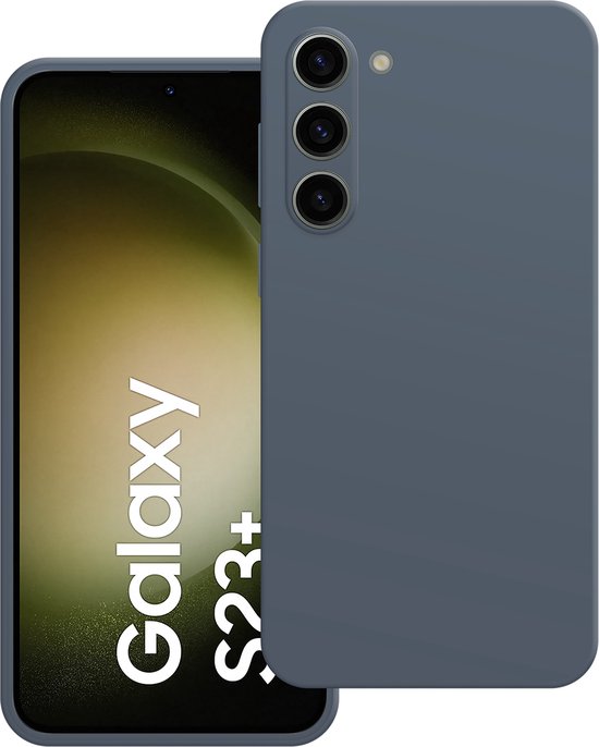 Donkerblauwe telefoonhoes naast een Samsung Galaxy S23+ telefoon. De hoes heeft drie cameralensuitsparingen.