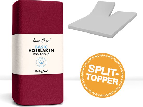 Loom One Hoeslaken Splittopper – 100% Jersey Katoen – 180x200 cm – jusqu'à 12 cm d'épaisseur de matelas – 160 g/m² – Vin Rouge
