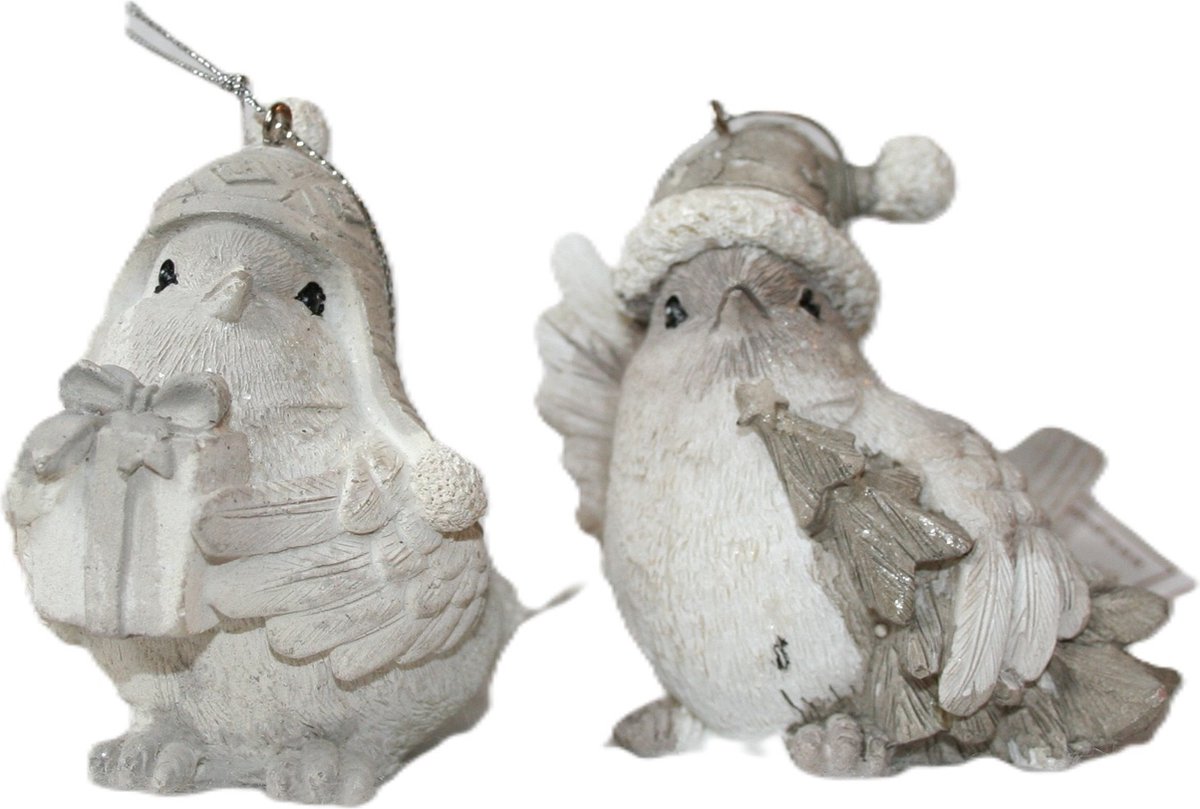 Goodwill Kerstbal-Kersthanger-Kerstvogel Wit-Beige-Grijs H 7.5 cm Voordeelaanbod assortiment van 2 stuks
