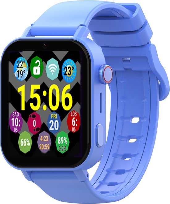 Blauwe smartwatch met vierkant scherm, 15:06 uur weergegeven, met icons voor temperatuur en batterij.