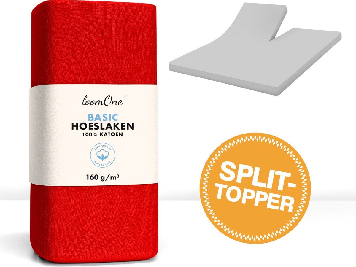 Loom One Hoeslaken Splittopper – 100% Jersey Katoen – 200x200 cm – tot 10cm matrasdikte– 160 g/m² – Rood