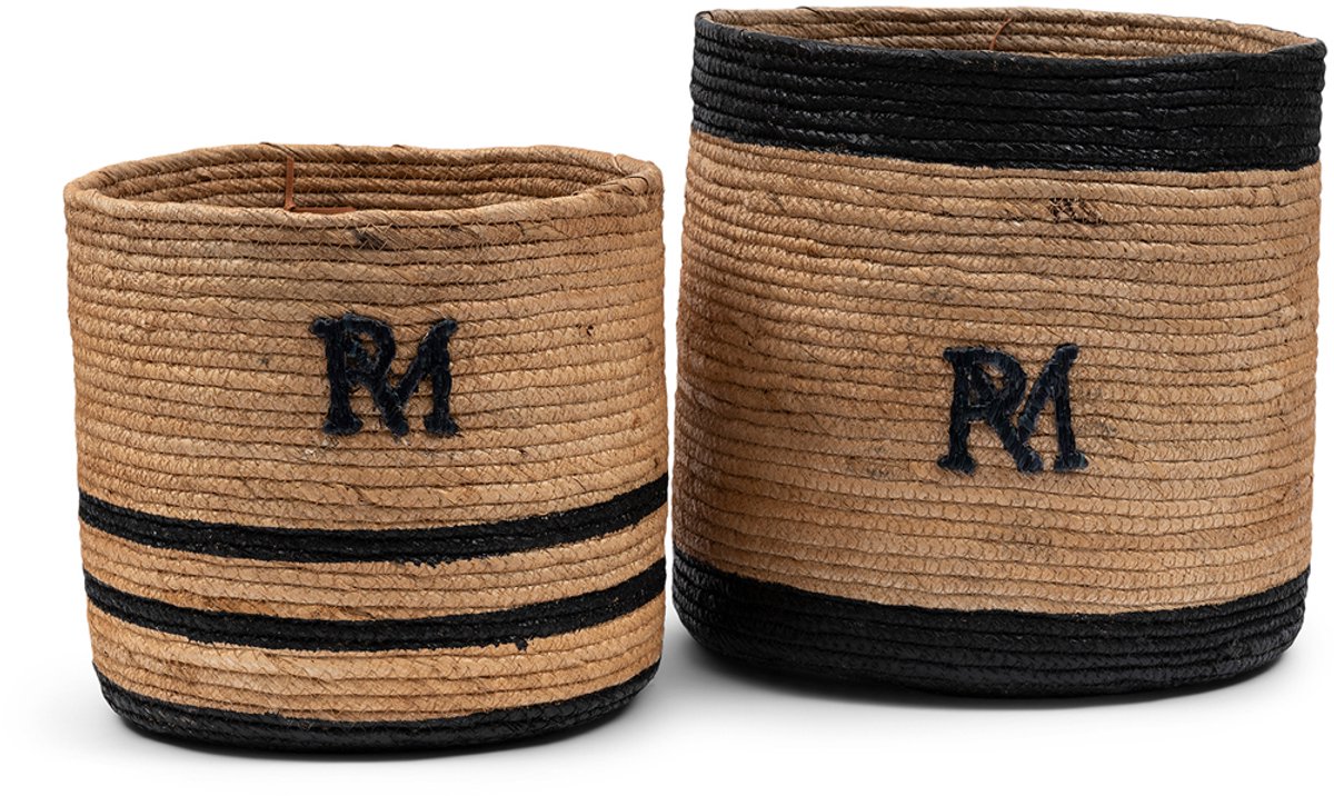 Riviera Maison Opbergmanden Naturel - Striped Monogram Rieten Manden Set - Bananenblad (ØxH) 30x30.5