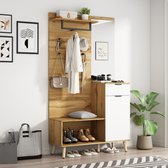 Multifunctionele 190 cm hoge houten garderobeset met spiegel, schoenenbank, schoenenkast, lade, plank en jashaken - Modern ontwerp met hydraulische scharnieren en praktische opbergruimte