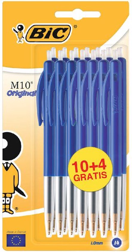Verpakking met 10+4 blauwe BIC M10 Original balpennen.
