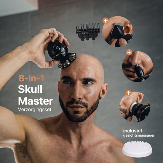 Man gebruikt de 8-in-1 Skull Master verzorgingsset. Set bevat scheerapparaat, neus- en oor-trimmer, opzetkammen en gezichtsmassager.