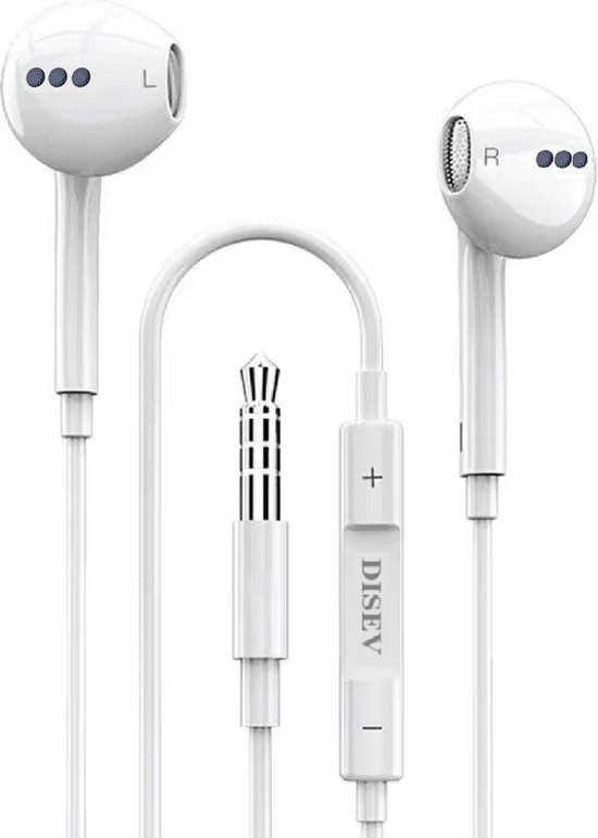 Witte in-ear oordopjes, gemarkeerd met L en R, met een 3.5mm jack en bedieningselementen.