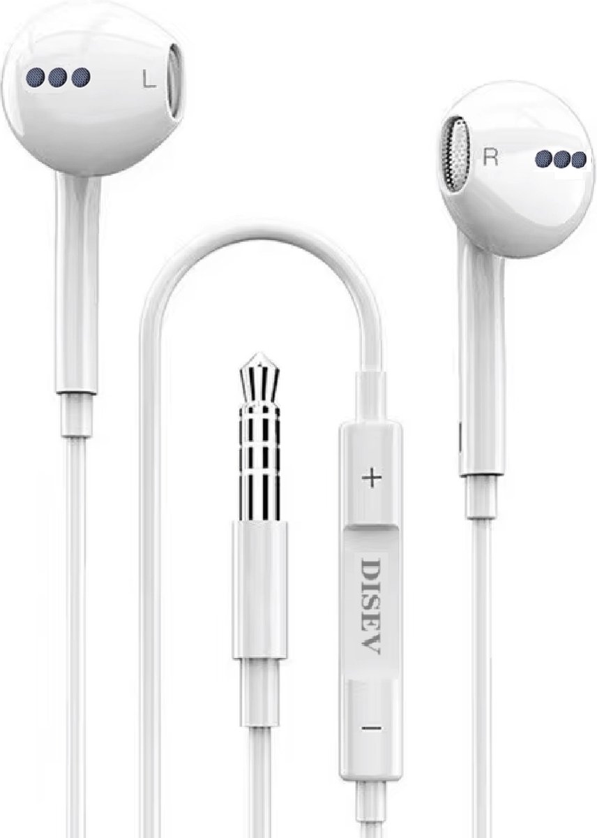 DISEV® - Oortjes met Draad - 3.5mm Jack Aansluiting - In-Ear Oordopjes met Draad - Oortjes met Draad en Microfoon - 1.20M kabel - Wit