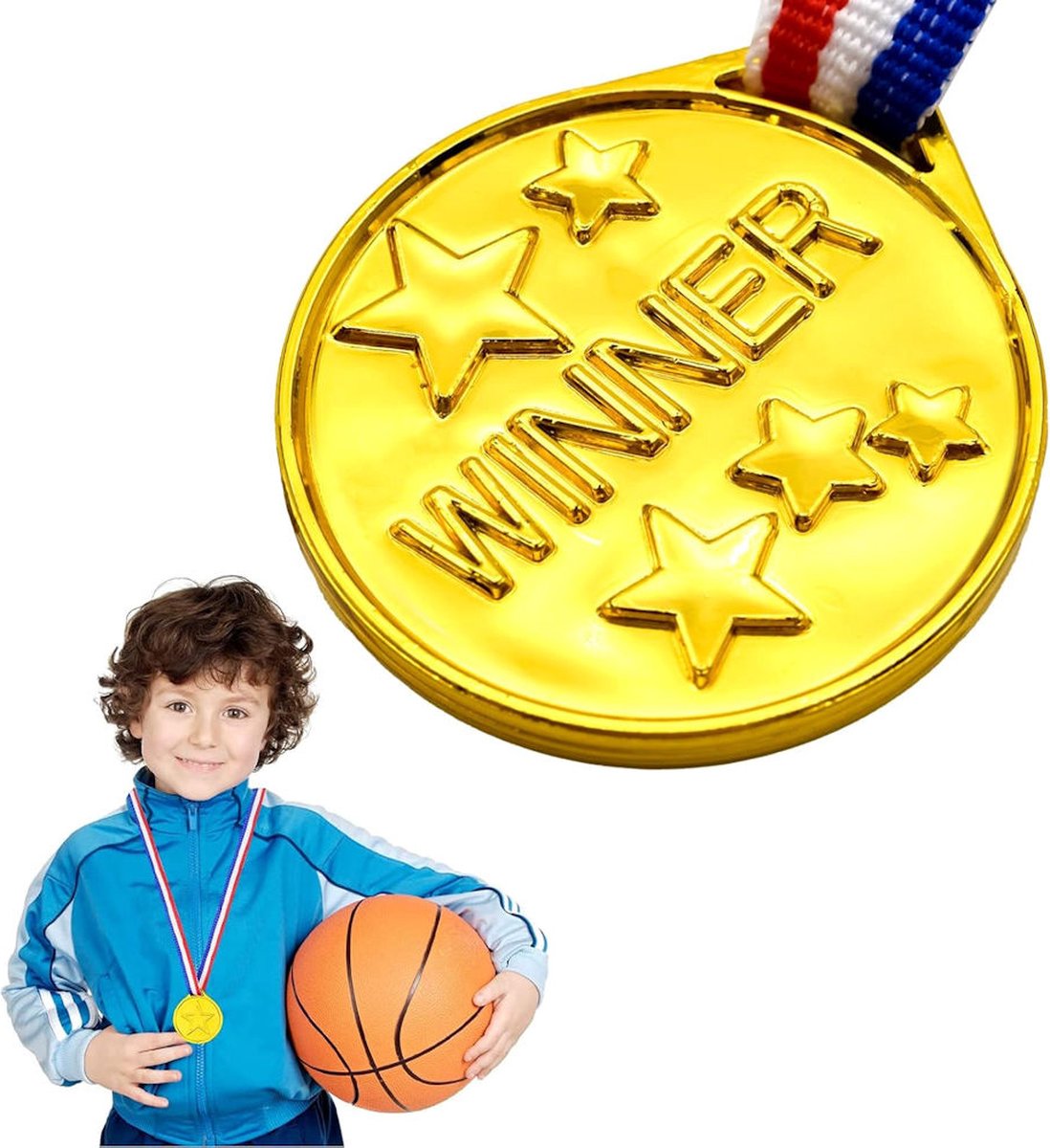 Henbrandt - 12 Stuks Gouden Medailles met Rood / Wit / Blauw Lint - Winnaars medaille voor kinderen - Traktatie voor Kinderfeestjes, School Sport en Toernooien — afbeelding 3