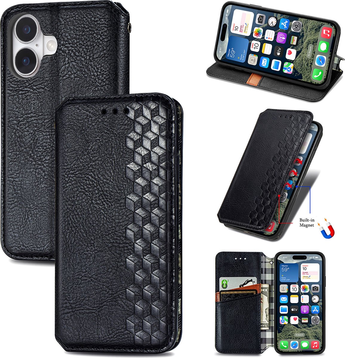 Luxe PU Lederen Ruitpatroon Wallet Case + Screenprotector voor iPhone 16 Plus _ Zwart