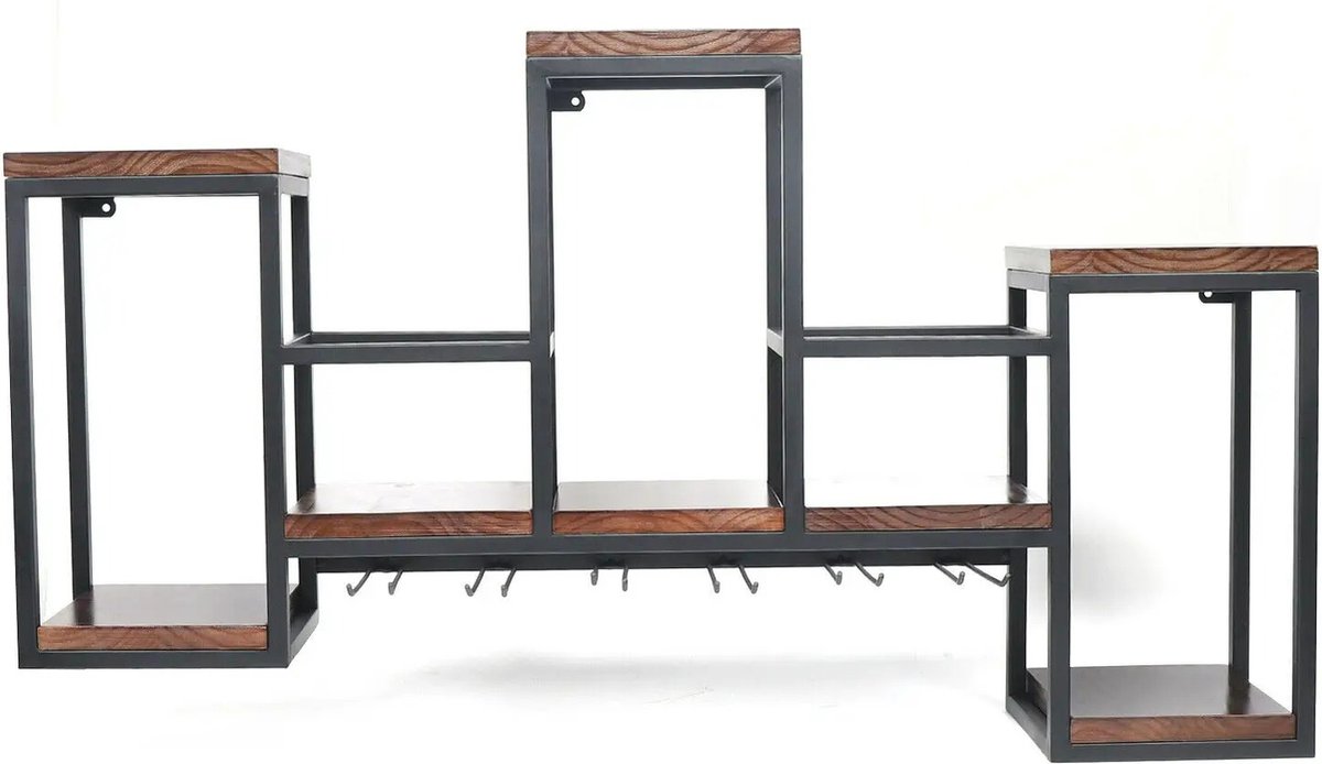 Jurrys Wandwijnrek - 106cm x 55cm - Zwart - Wijn - Rek - Decoratie - Opbergruimte - Metaal - Flessenrek - Hout