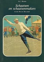 Boekomslag: Schaatsen en schaatsenmakers in de 19e en 20e eeuw. Een schaatser in witte trui en blauwe broek op een ijsbaan.