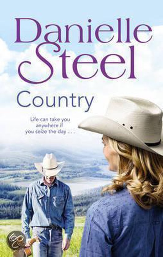 Boekomslag van 'Country' door Danielle Steel. Twee mensen met cowboyhoeden kijken naar een landschap.