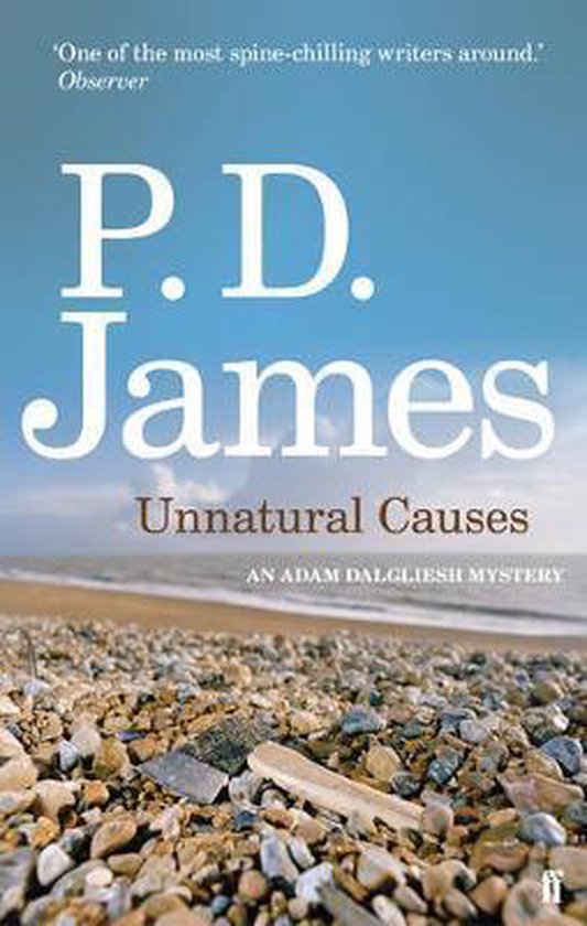 Boekomslag van Unnatural Causes door P.D. James, met een kiezelstrand tegen een helderblauwe lucht.