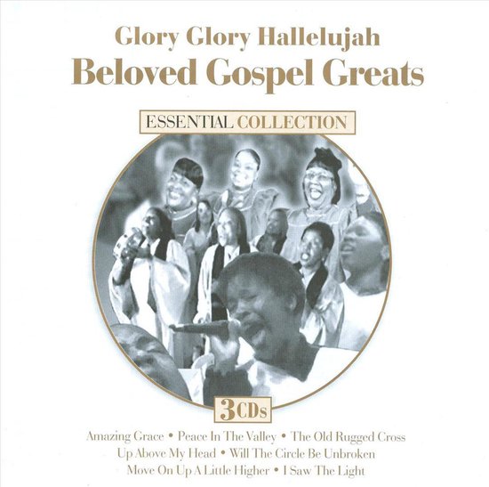 CD hoes met "Glory Glory Hallelujah" en "Beloved Gospel Greats Essential Collection". Groep zingende gospelzangers op een cirkelvormige foto.