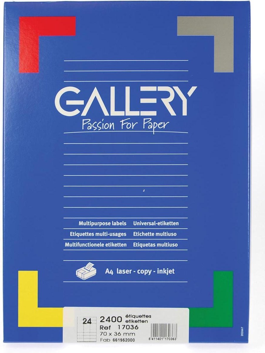 Gallery witte etiketten Ft 70 x 36 mm (b x h), rechte hoeken, doos van 2.400 etiketten