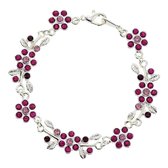 Zilver-kleur armband met fuchsia stenen bloemen
