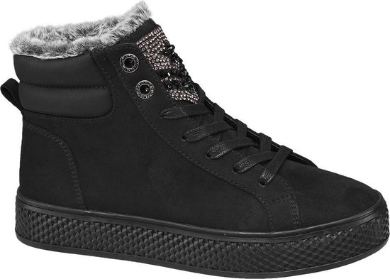 Graceland Dames Zwarte halfhoge sneaker bont - Maat 36 | bol.com