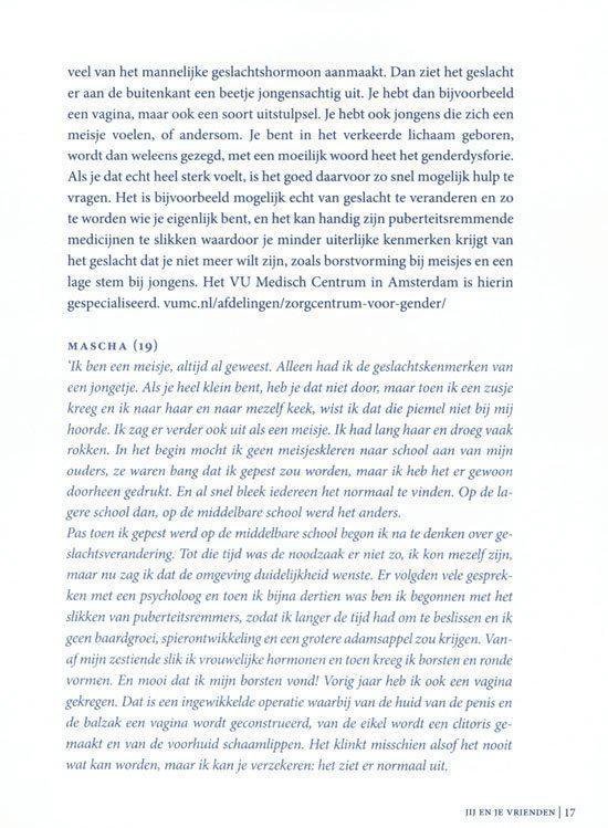 Tekstpagina met informatie over genderidentiteit en een citaat van Mascha (19) over haar ervaringen.