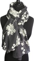 Dames sjaal - katoen - polyester - bloemen - geborduurd - borduurwerk - antraciet - grijs - crème - 70 x 175 cm