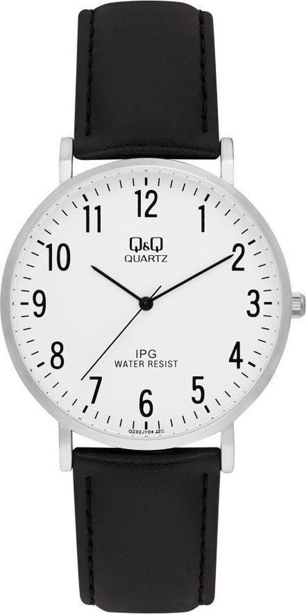 QQ QZ02J304Y - Horloge - Analoog - Mannen - Heren - Leren band - Rond - Metaal - Cijfers - Zwart - Zilverkleurig - Wit - 3ATM